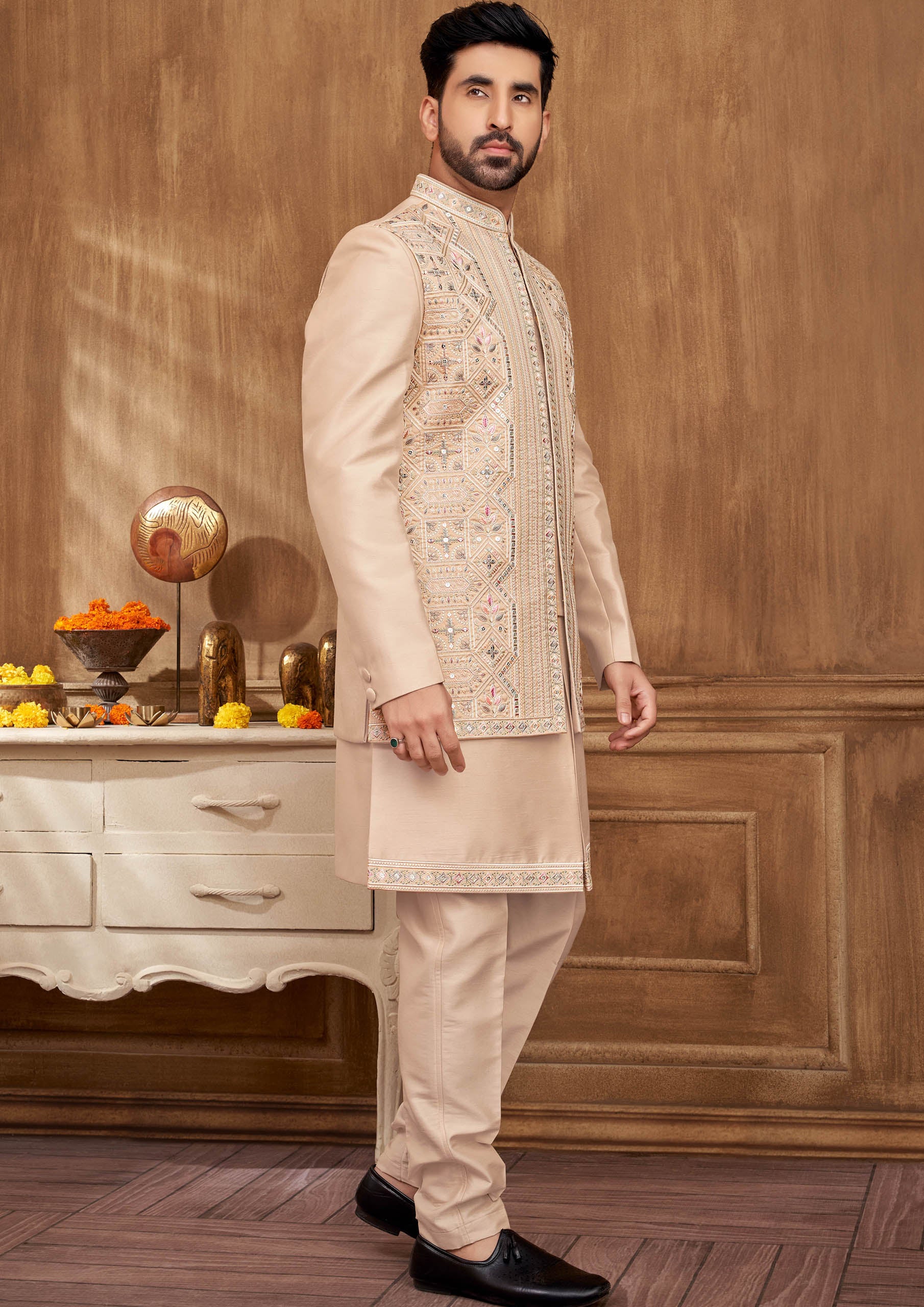 Men's Pink Embroidered Jacket and Indo Western Set